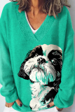 Navy Blue Casual Dog Cat Geometric Print Loose V Neck Long Sleeve Fall Winter Knitted Sweater Tops
