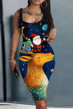 Teal Casual Christmas Tree Print U Neck Sleeveless Vacation Bodycon Midi Tank Dress