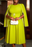 Mustard Green Party Evening Prom Formal Office O Neck Cape Sleeve A Line Pleated Midi Dresses