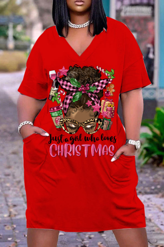 Red Green Christmas Dress Graphics Print Deep V Neck Long Sleeve Ankle Length Casual Outing Straight Loose Midi Dress with Pocket