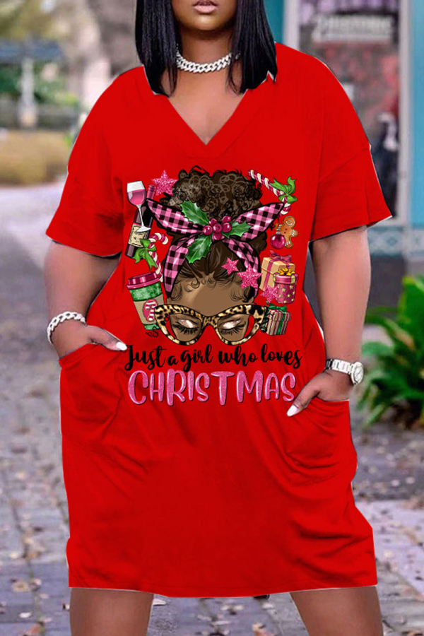 Red Green Christmas Dress Graphics Print Deep V Neck Long Sleeve Ankle Length Casual Outing Straight Loose Midi Dress with Pocket