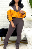 Yellow Sportwear Contrast Zip-up Stand Collar Long Sleeve Drawstring Hem Jacket and Pencil Sweatpants Fall Winter Two Pieces Sweatsuit Sets
