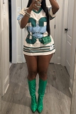 Green Casual Loose Rib-Knit Figure Eagle Print Stripe Round Neck Half Sleeve Long Sports Jersey T-Shirts Tops