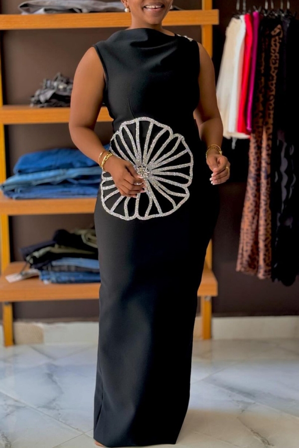 Black Formal Evening Party Prom Sleeveless Hot Drilling Diamond Petals O Neck Slit Long Bodycon Maxi Dresses