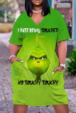 Red Christmas Grinch Outfit V Neck Casual Outing Plus Size T Shirt Midi Dress with Pocket