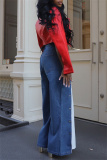 Blue Casual Daily Patchwork Contrast High Waist Boot Cut Button up Fake Two Layer Denim Flared Jeans