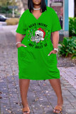 Green Black Christmas Grinch Outfit V Neck Short Sleeve Casual Outing T Shirt Midi Dress