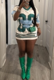 Green Casual Loose Rib-Knit Figure Eagle Print Stripe Round Neck Half Sleeve Long Sports Jersey T-Shirts Tops