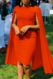 Orange Formal Office Evening O Neck Cape Sleeve Wrapped Skirt Bodycon Midi Dresses