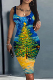 Teal Casual Christmas Tree Print U Neck Sleeveless Vacation Bodycon Midi Tank Dress