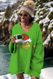 Yellow Green Christmas Tops Letter Print Pit Article Fabrics Loose V Neck Long Sleeve Fall Winter Women's Knitted Grinch Sweater