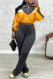 Yellow Sportwear Contrast Zip-up Stand Collar Long Sleeve Drawstring Hem Jacket and Pencil Sweatpants Fall Winter Two Pieces Sweatsuit Sets