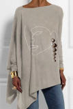 Grey Loose Casual Abstract Girl Print Irregular Hem Round Neck Long Sleeve Tops Blouses