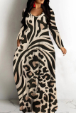 Dark Khaki Casual Leopard Print O Neck Long Sleeve Straight Loose Vacation Plus Size Maxi Dresses