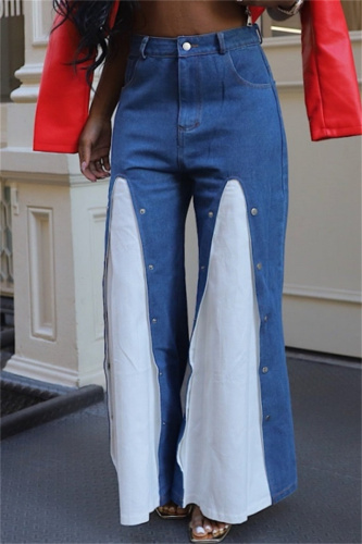 Blue Casual Daily Patchwork Contrast High Waist Boot Cut Button up Fake Two Layer Denim Flared Jeans