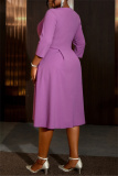 Purple Formal Office Lady V Neck Short Sleeve Pleated Midi Blazer Dresses