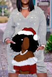 Red Christmas Dress Santa Claus Print Deep V Neck Long Sleeve Ankle Length Casual Outing Straight Loose Midi Dress with Pocket