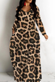 Dark Khaki Casual Leopard Print O Neck Long Sleeve Straight Loose Vacation Plus Size Maxi Dresses