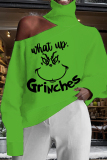 Yellow Green Christmas Grinch Letter Print Hollow Out Turtleneck Cold Shoulder Long Sleeve Fall Winter Blouses Tops