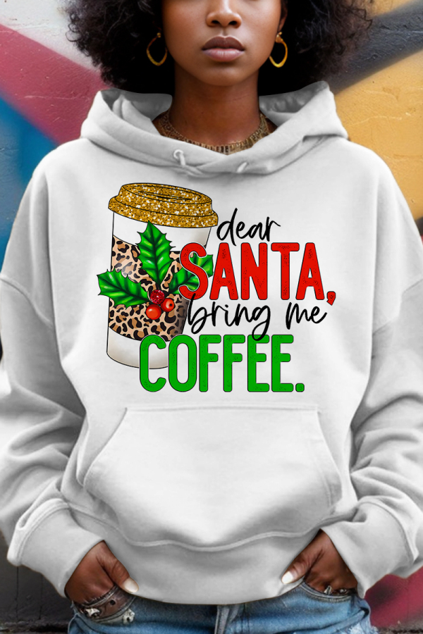 White Golden Christmas Casual Tree Letter Print Draw String Hooded Collar Long Sleeve Fall Winter Sweatshirts Tops