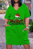 Green Black Christmas Grinch Outfit V Neck Short Sleeve Casual Outing T Shirt Midi Dress