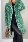 Khaki Casual Leopard Patchwork Fluffy Plush Turndown Collar Long Sleeve Fall Winter Long Cardigan Coats Outerwear