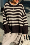 Brown Loose Stripe Contrast Weave Casual Loose Round Neck Long Sleeve Fall Winter Knitted Sweater Tops