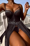 Black Sexy Hot Lace Mesh See-Through Backless Slit Slip Nightdress Lingerie Underwear