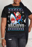 Black Red Christmas Santa Claus Letter Print Round Neck Short Sleeve T-Shirts Tops