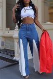 Blue Casual Daily Patchwork Contrast High Waist Boot Cut Button up Fake Two Layer Denim Flared Jeans