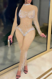 Off-white Party Club Formal Hot Drilling Gauze See-Through Half A Turtleneck Long Sleeve Skinny Jumpsuits