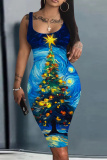 Teal Casual Christmas Tree Print U Neck Sleeveless Vacation Bodycon Midi Tank Dress