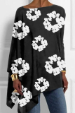 Grey Loose Casual Abstract Girl Print Irregular Hem Round Neck Long Sleeve Tops Blouses