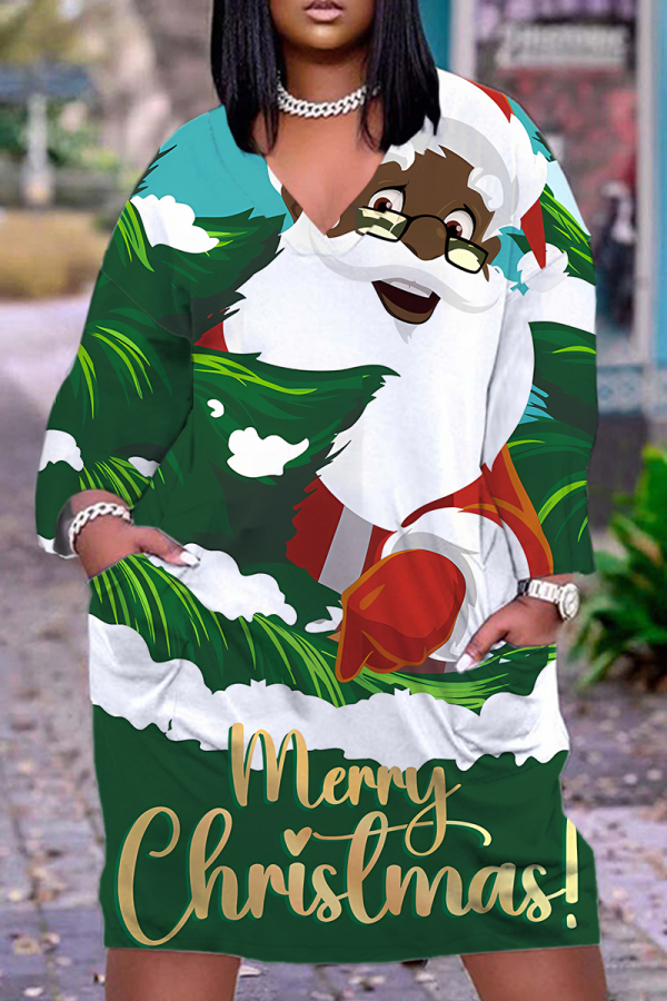 Green Red Christmas Dress Santa Claus Print Deep V Neck Long Sleeve Ankle Length Casual Outing Straight Loose Midi Dress with Pocket