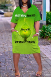 Red Christmas Grinch Outfit V Neck Casual Outing Plus Size T Shirt Midi Dress with Pocket