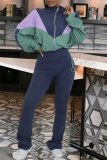 Yellow Sportwear Contrast Zip-up Stand Collar Long Sleeve Drawstring Hem Jacket and Pencil Sweatpants Fall Winter Two Pieces Sweatsuit Sets