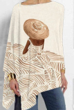 Grey Loose Casual Abstract Girl Print Irregular Hem Round Neck Long Sleeve Tops Blouses