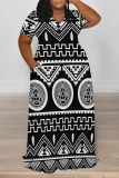 Black White Boho Geometric Print Basic POLO Collar Short Sleeve Pockets Loose Casual Outing Midi T-shirt Dress