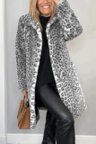 Khaki Casual Leopard Patchwork Fluffy Plush Turndown Collar Long Sleeve Fall Winter Long Cardigan Coats Outerwear