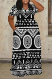 Black White Boho Geometric Print Basic POLO Collar Short Sleeve Pockets Loose Casual Outing Midi T-shirt Dress