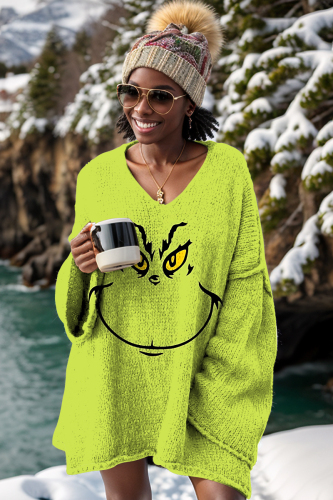 Yellow Green Christmas Tops Letter Print Pit Article Fabrics Loose V Neck Long Sleeve Fall Winter Women's Knitted Grinch Sweater
