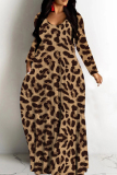Dark Khaki Casual Leopard Print O Neck Long Sleeve Straight Loose Vacation Plus Size Maxi Dresses