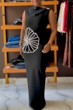 Black Formal Evening Party Prom Sleeveless Hot Drilling Diamond Petals O Neck Slit Long Bodycon Maxi Dresses