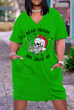 Green Black Christmas Grinch Outfit V Neck Short Sleeve Casual Outing T Shirt Midi Dress