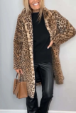 Khaki Casual Leopard Patchwork Fluffy Plush Turndown Collar Long Sleeve Fall Winter Long Cardigan Coats Outerwear