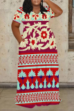 Black White Boho Geometric Print Basic POLO Collar Short Sleeve Pockets Loose Casual Outing Midi T-shirt Dress