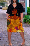 Light Blue Casual Cartoon Print Basic V Neck Long Sleeve Loose Pockets Straight Midi T-Shirt Dress