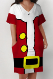Red Casual Party Wapiti Santa Claus Print Basic V Neck Long Sleeve Loose Pockets Straight Midi T-Shirt Dress