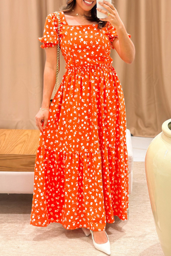 Orange Floral Print Square Neck Short Sleeve Ruffle Hem Long Vacaton Maxi Dresses