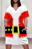 Red Casual Party Wapiti Santa Claus Print Basic V Neck Long Sleeve Loose Pockets Straight Midi T-Shirt Dress